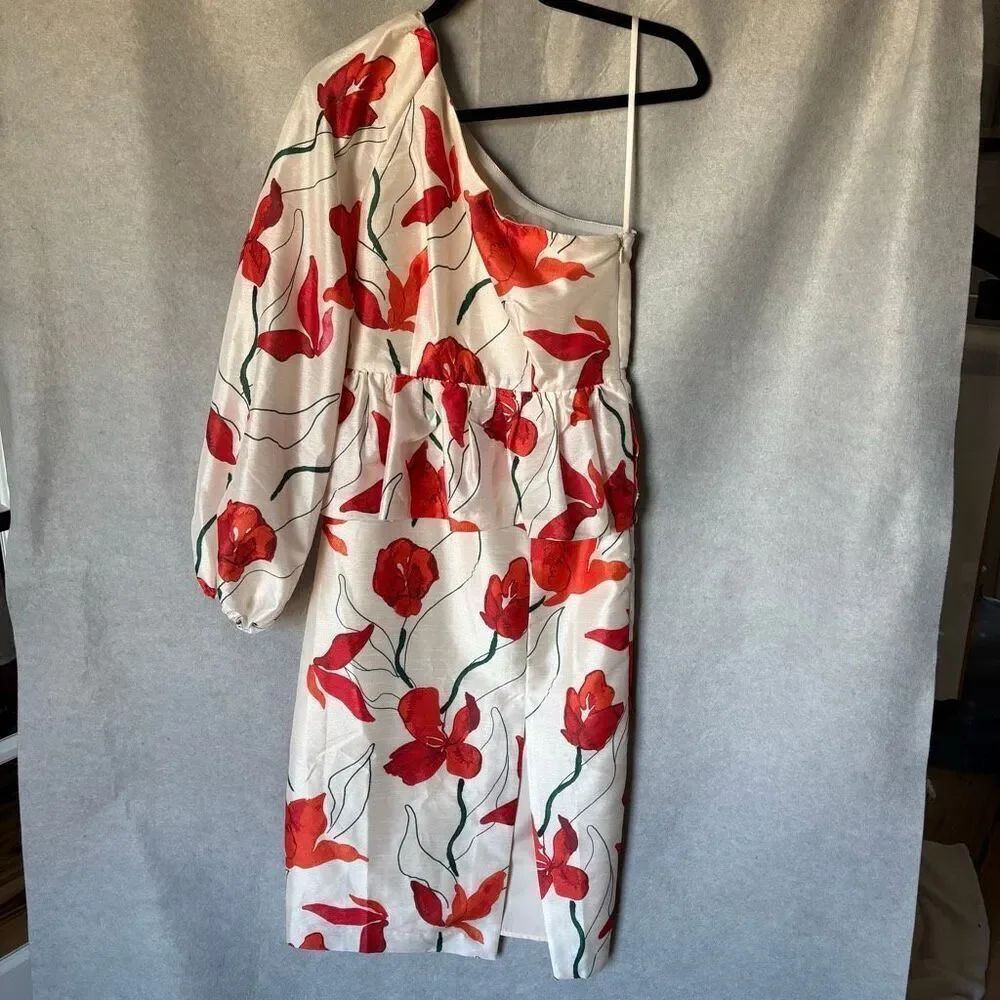 Anthropologie Hutch One-Shoulder Peplum Dress Size 0 Floral Red and White - Picture 3 of 13
